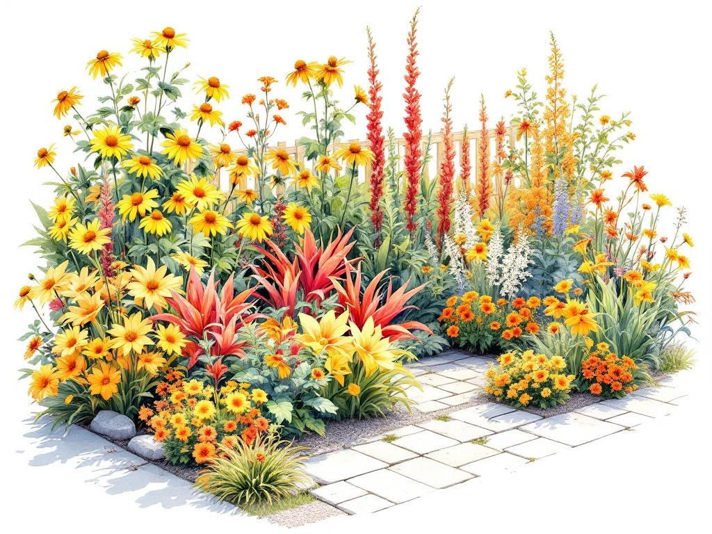 Záhon ohnivých barev — žluté a oranžové trvalky do slunce