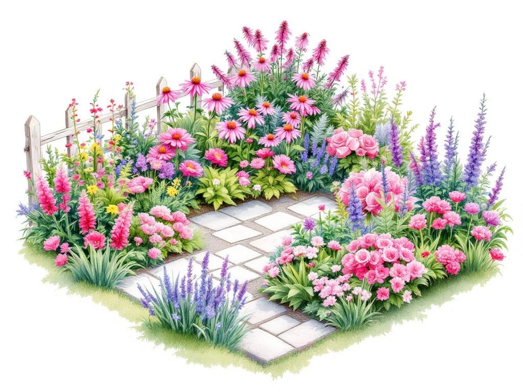 Růžový záhon do polostínu — romantický záhon trvalek